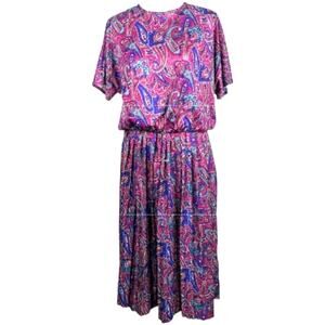 Vintage 80s Purple Paisley Dress Womens Plus Size 18 Midi Short Sleeve Pullover